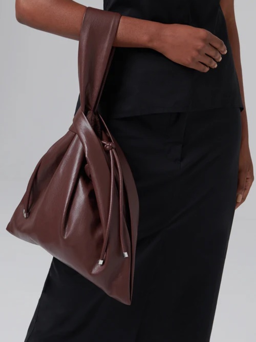 Brown/Burgundy Knot-Handle Leather Clutch Bag
